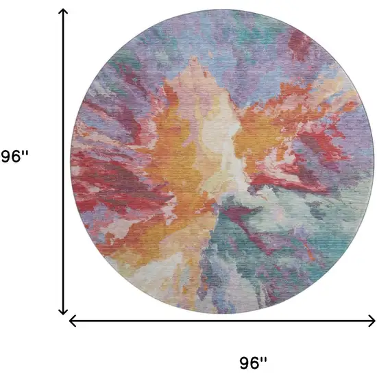 8' Orange Red And Teal Abstract Washable Round Rug With UV Protection Photo 9