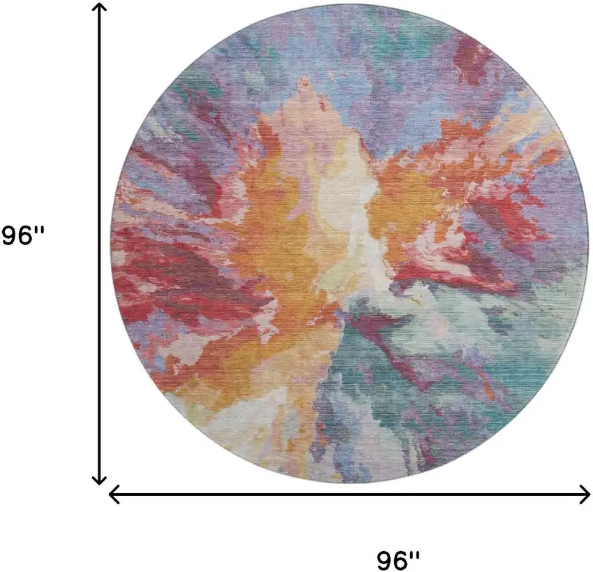 8' Orange Red And Teal Abstract Washable Round Rug With UV Protection Photo 9