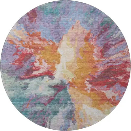 8' Orange Red And Teal Abstract Washable Round Rug With UV Protection Photo 3