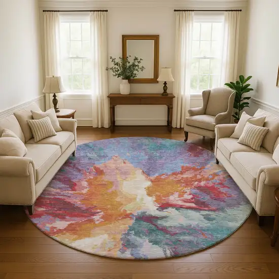 8' Orange Red And Teal Abstract Washable Round Rug With UV Protection Photo 4