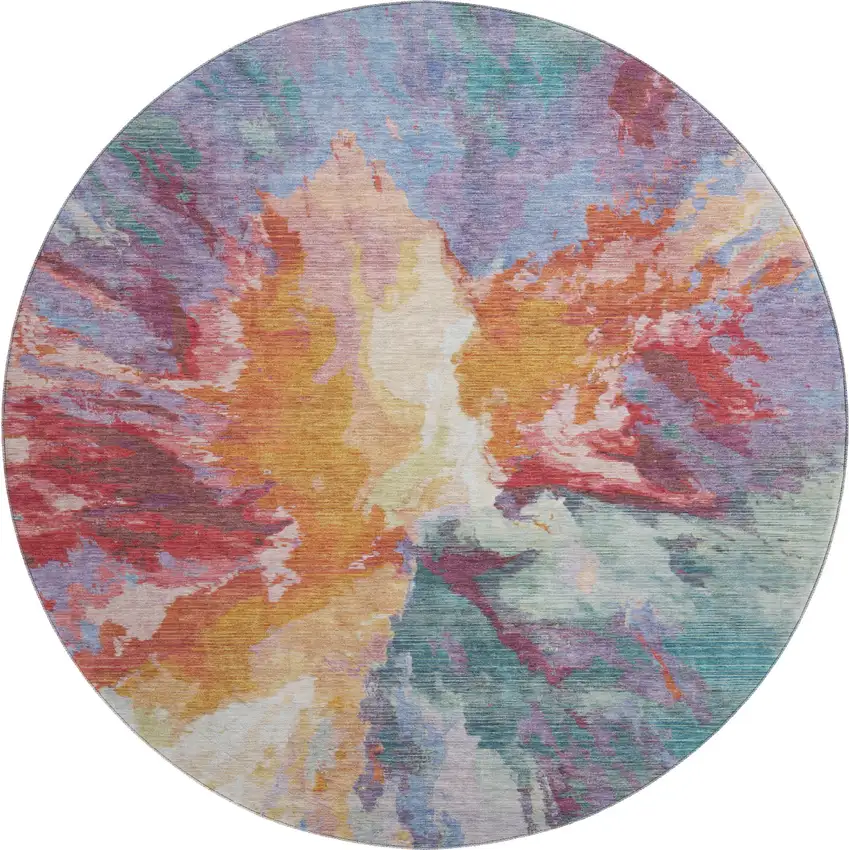 8' Orange Red And Teal Abstract Washable Round Rug With UV Protection Photo 1