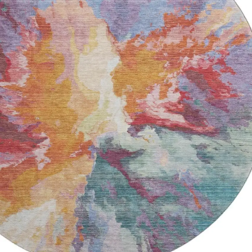 8' Orange Red And Teal Abstract Washable Round Rug With UV Protection Photo 2
