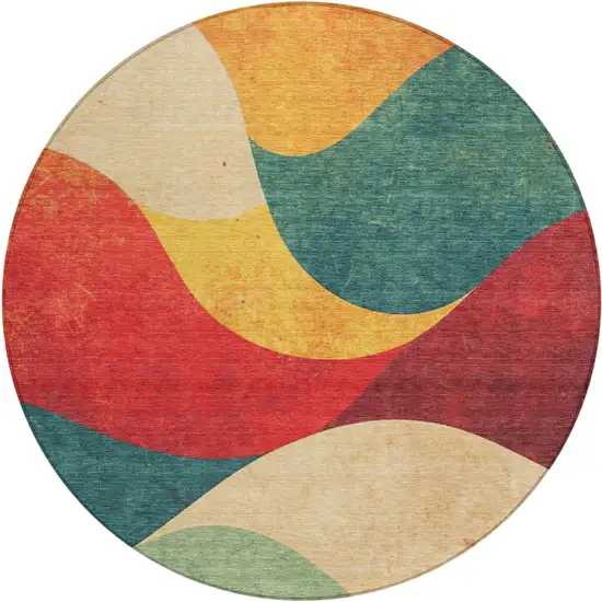 8' Orange Red And Teal Blue Round Abstract Washable Indoor Outdoor Area Rug Photo 1