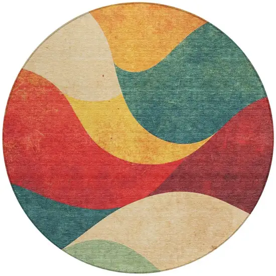 8' Orange Red And Teal Blue Round Abstract Washable Indoor Outdoor Area Rug Photo 4