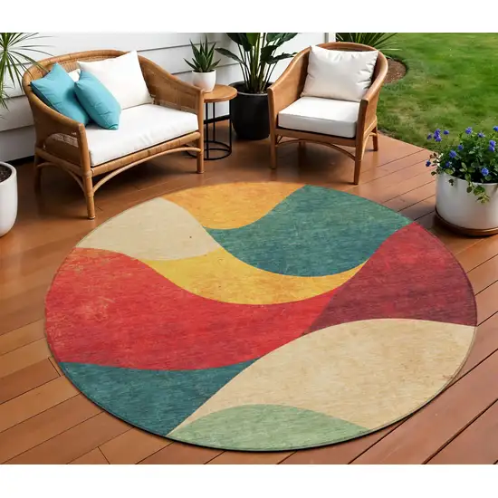 8' Orange Red And Teal Blue Round Abstract Washable Indoor Outdoor Area Rug Photo 2