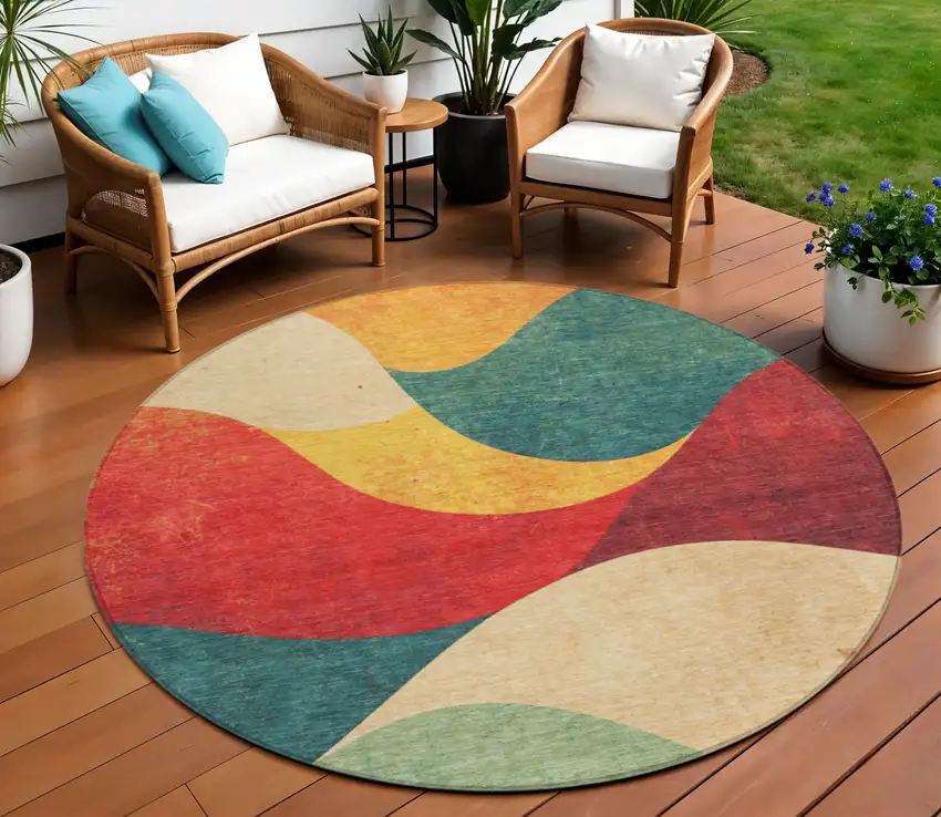 8' Orange Red And Teal Blue Round Abstract Washable Indoor Outdoor Area Rug Photo 2