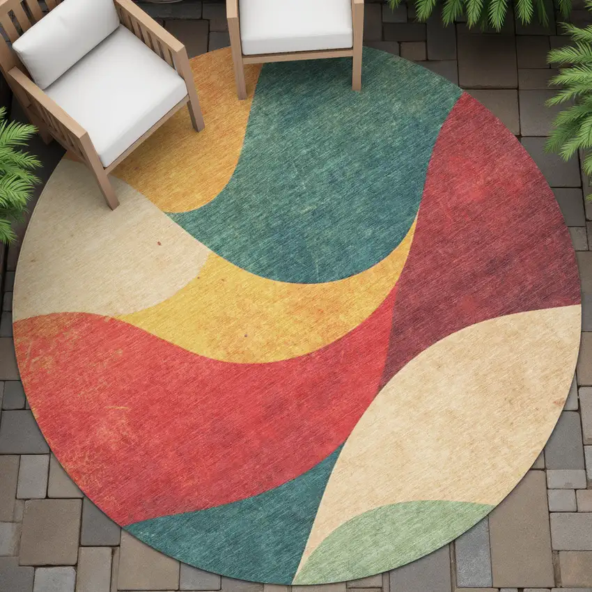 8' Orange Red And Teal Blue Round Abstract Washable Indoor Outdoor Area Rug Photo 9