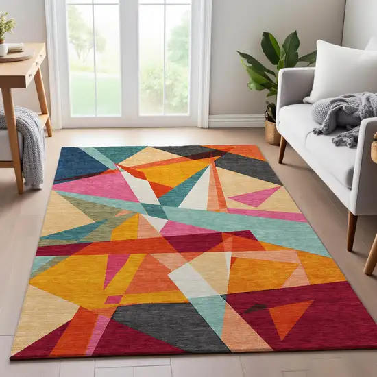 8' Orange Red Blue And Gold Geometric Washable Area Rug With UV Protection Photo 5