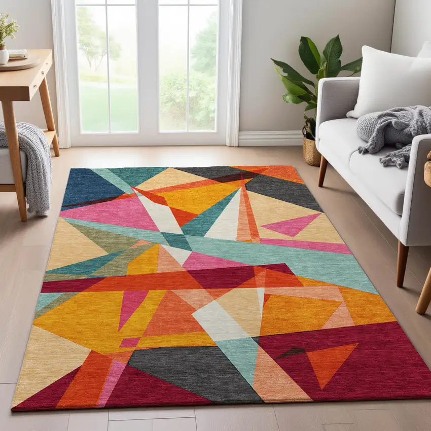 8' Orange Red Blue And Gold Geometric Washable Area Rug With UV Protection Photo 5