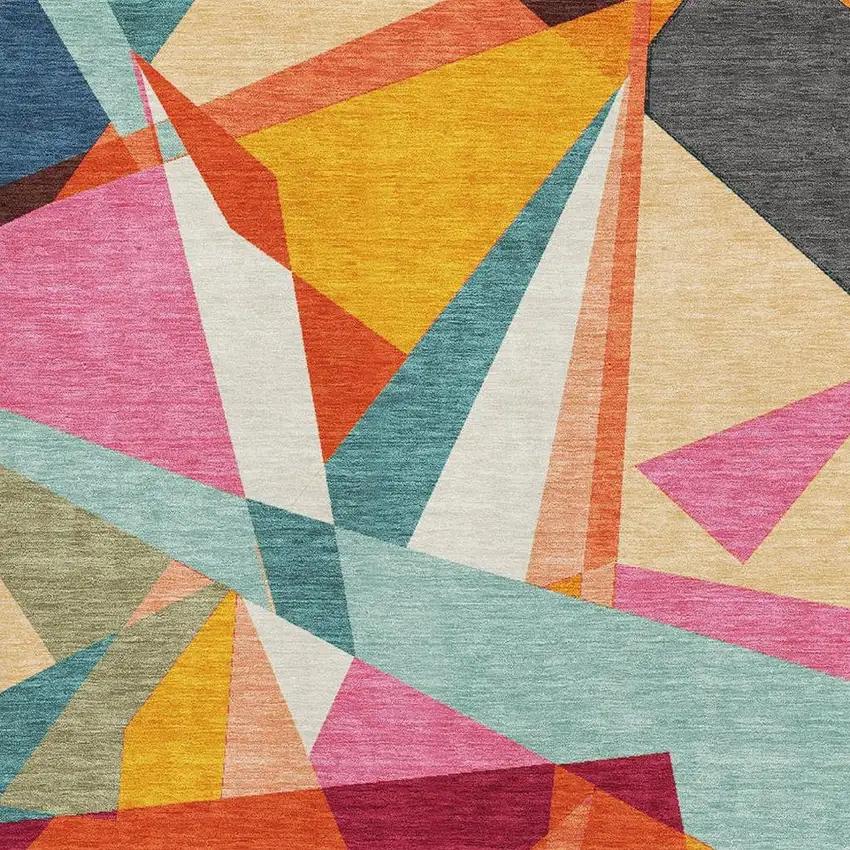 8' Orange Red Blue And Gold Geometric Washable Area Rug With UV Protection Photo 2