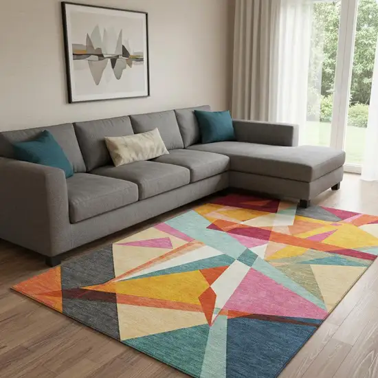 8' Orange Red Blue And Gold Geometric Washable Area Rug With UV Protection Photo 2