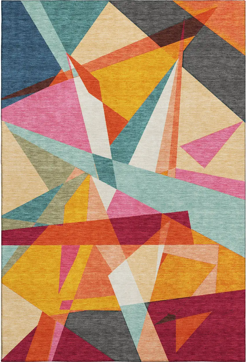 8' Orange Red Blue And Gold Geometric Washable Area Rug With UV Protection Photo 1