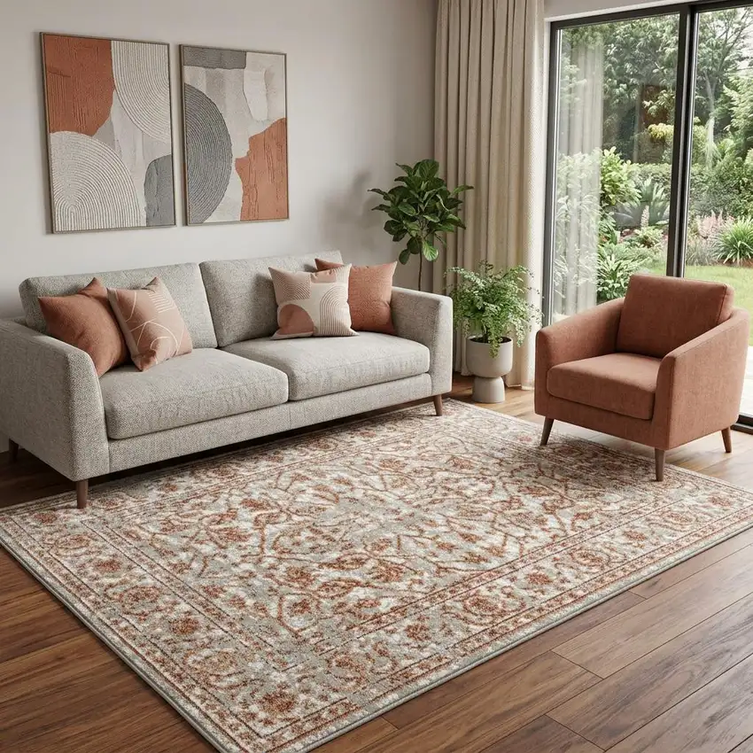 8' Rust and Gray Floral Power Loom Round Rug Photo 1