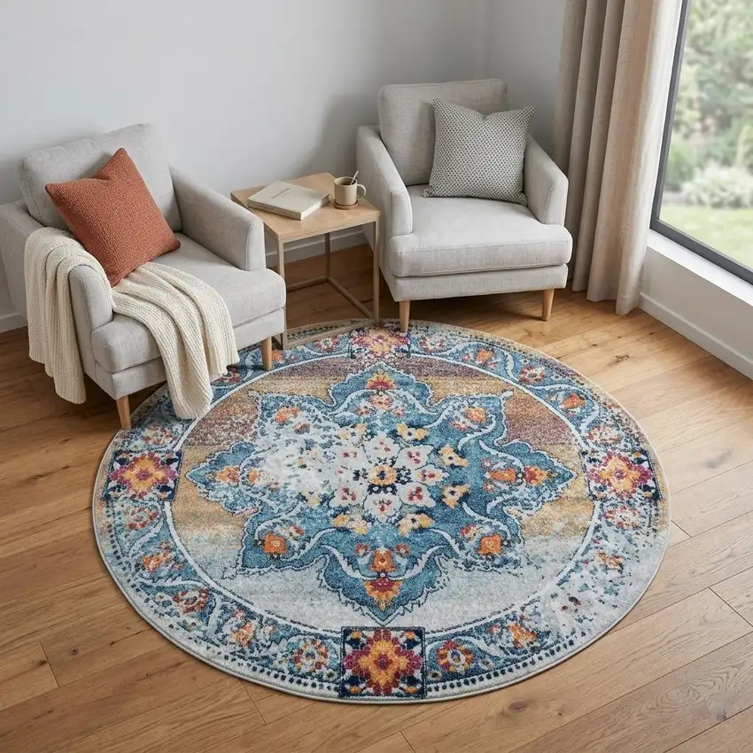 6' Blue Red and Orange Medallion Power Loom Round Rug Photo 1