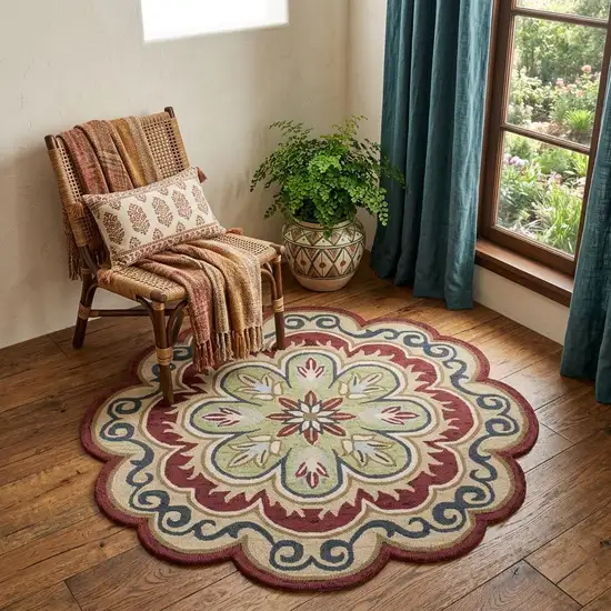 4' Orange Round Wool Floral Hand Tufted Area Rug Photo 1