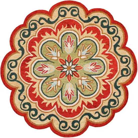 4' Orange Round Wool Floral Hand Tufted Area Rug Photo 1