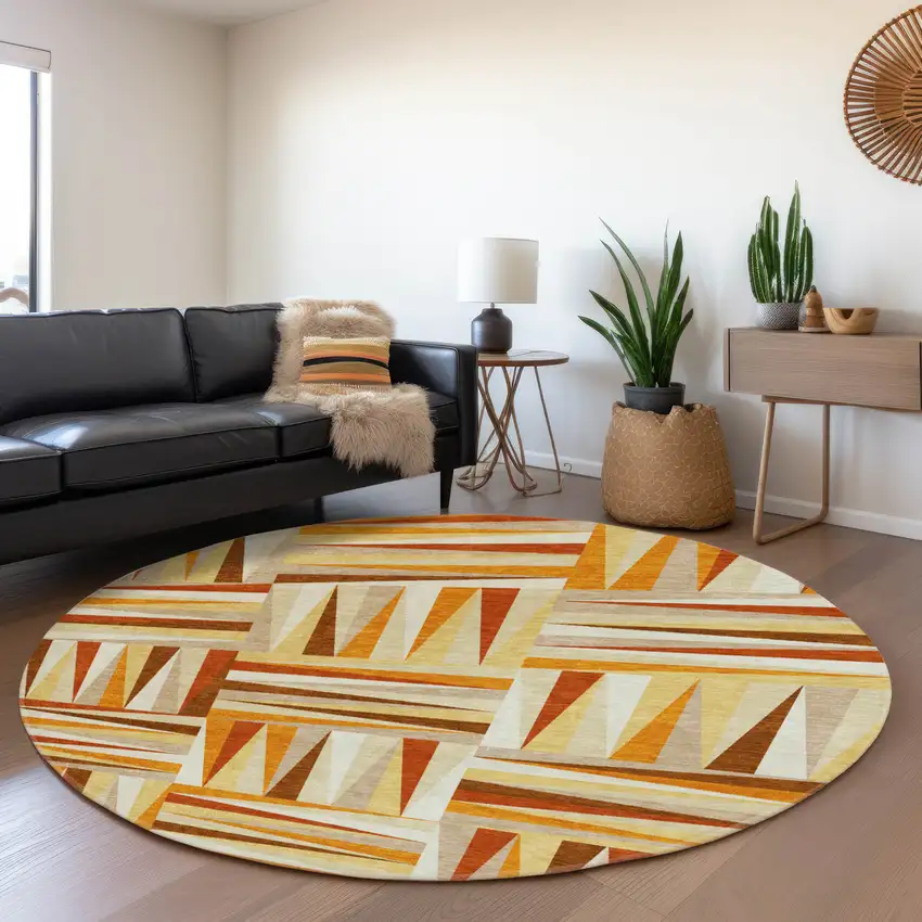 8' Orange Rust And Ivory Geometric Washable Round Rug With UV Protection Photo 5