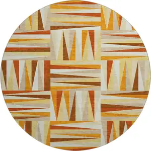 Photo of 8' Orange Rust And Ivory Geometric Washable Round Rug With UV Protection