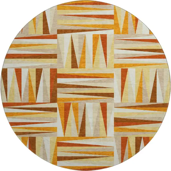8' Orange Rust And Ivory Geometric Washable Round Rug With UV Protection Photo 1