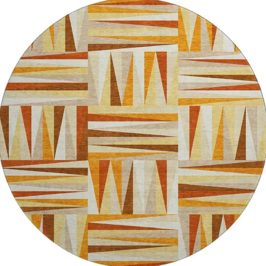 8' Orange Rust And Ivory Geometric Washable Round Rug With UV Protection Photo 3