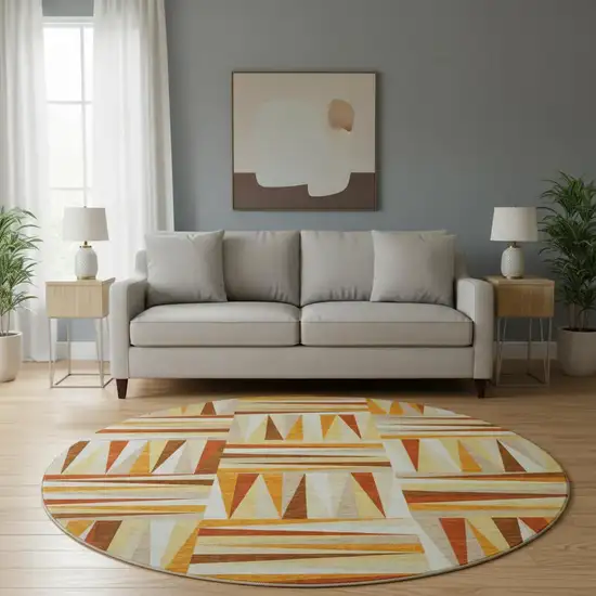 8' Orange Rust And Ivory Geometric Washable Round Rug With UV Protection Photo 2