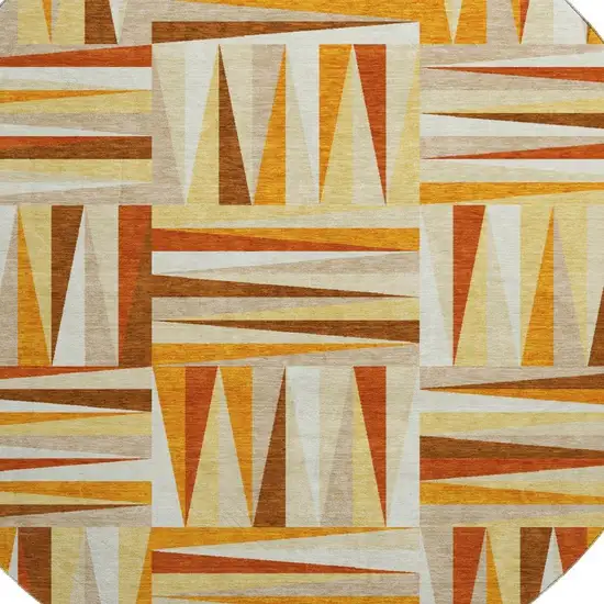 8' Orange Rust And Ivory Geometric Washable Round Rug With UV Protection Photo 2