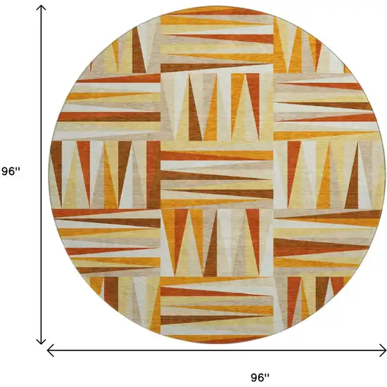 8' Orange Rust And Ivory Geometric Washable Round Rug With UV Protection Photo 9