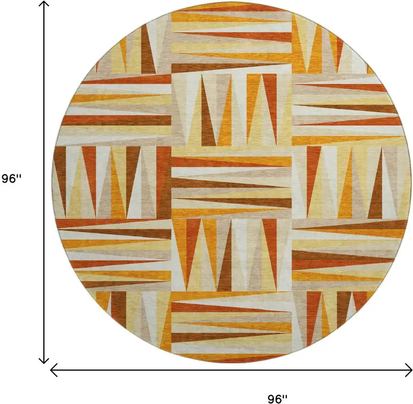 8' Orange Rust And Ivory Geometric Washable Round Rug With UV Protection Photo 9