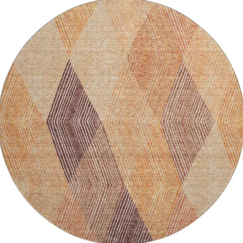 8' Orange Salmon And Ivory Geometric Washable Round Rug With UV Protection Photo 2