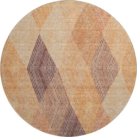 8' Orange Salmon And Ivory Geometric Washable Round Rug With UV Protection Photo 1