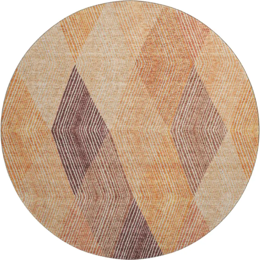 8' Orange Salmon And Ivory Geometric Washable Round Rug With UV Protection Photo 1