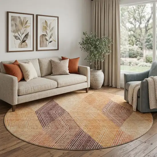 8' Orange Salmon And Ivory Geometric Washable Round Rug With UV Protection Photo 1