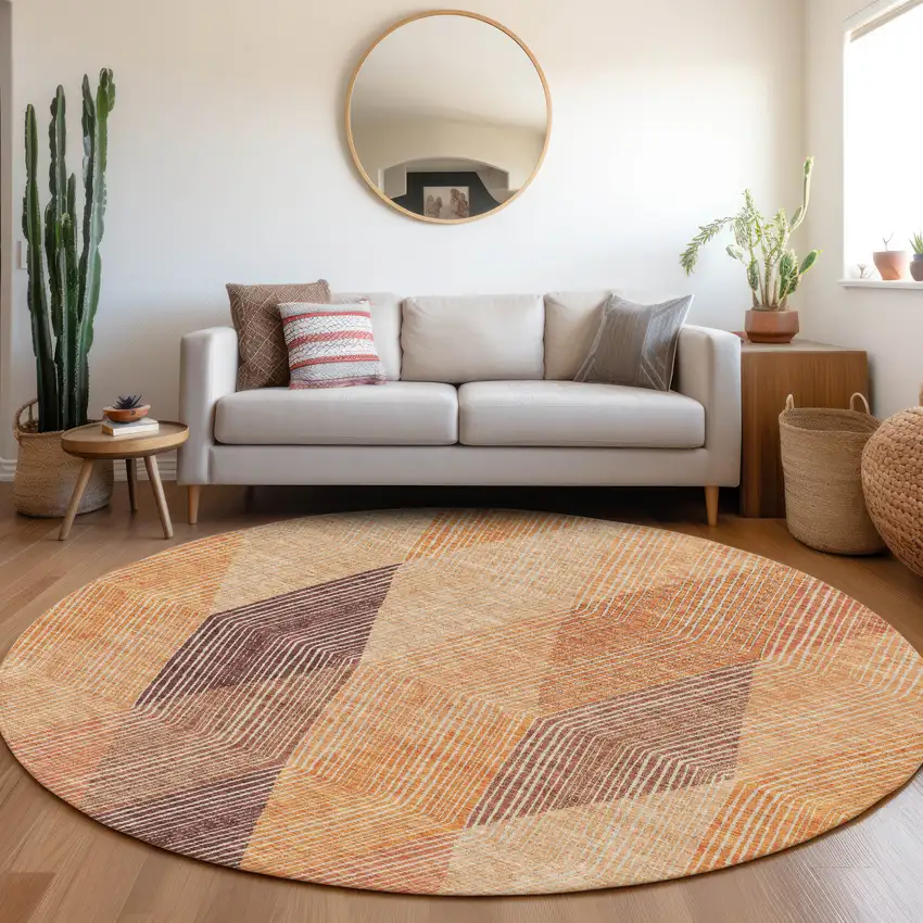 8' Orange Salmon And Ivory Geometric Washable Round Rug With UV Protection Photo 4