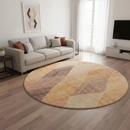 8' Orange Salmon And Ivory Geometric Washable Round Rug With UV Protection Photo 2