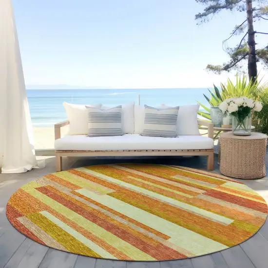 8' Orange Salmon And Lime Green Round Striped Washable Indoor Outdoor Area Rug Photo 6