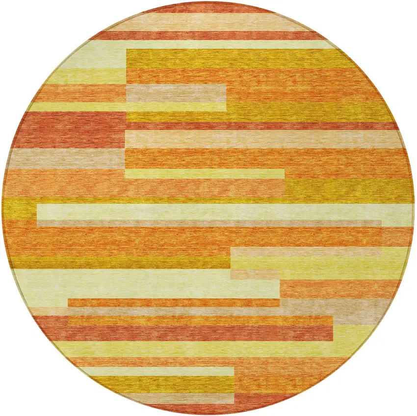 8' Orange Salmon And Lime Green Round Striped Washable Indoor Outdoor Area Rug Photo 5