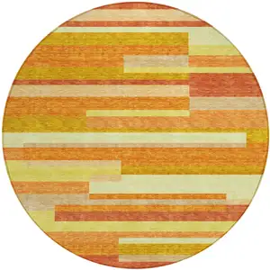 Photo of 8' Orange Salmon And Lime Green Round Striped Washable Indoor Outdoor Area Rug