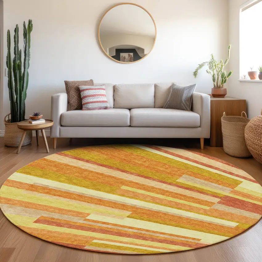 8' Orange Salmon And Lime Green Round Striped Washable Indoor Outdoor Area Rug Photo 7