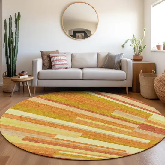 8' Orange Salmon And Lime Green Round Striped Washable Indoor Outdoor Area Rug Photo 7