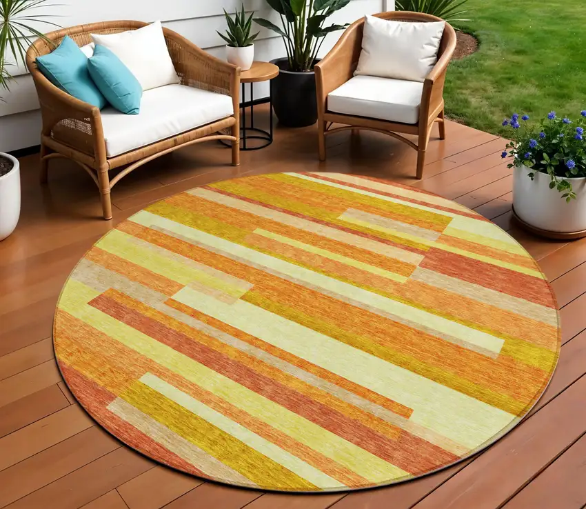 8' Orange Salmon And Lime Green Round Striped Washable Indoor Outdoor Area Rug Photo 1