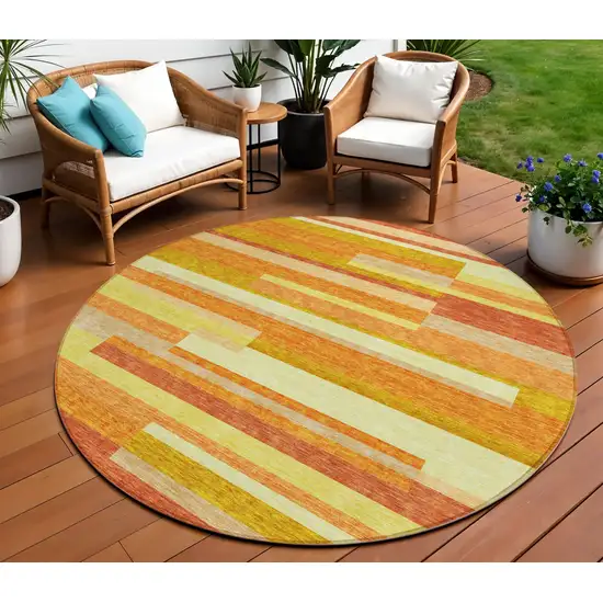 8' Orange Salmon And Lime Green Round Striped Washable Indoor Outdoor Area Rug Photo 1