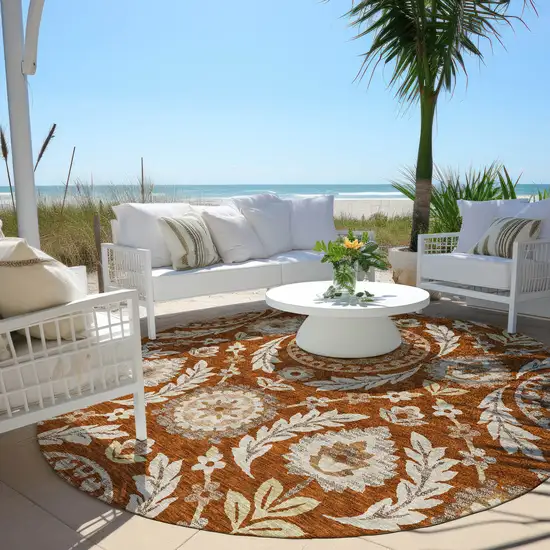 8' Orange Taupe And Gold Round Floral Washable Indoor Outdoor Area Rug Photo 6