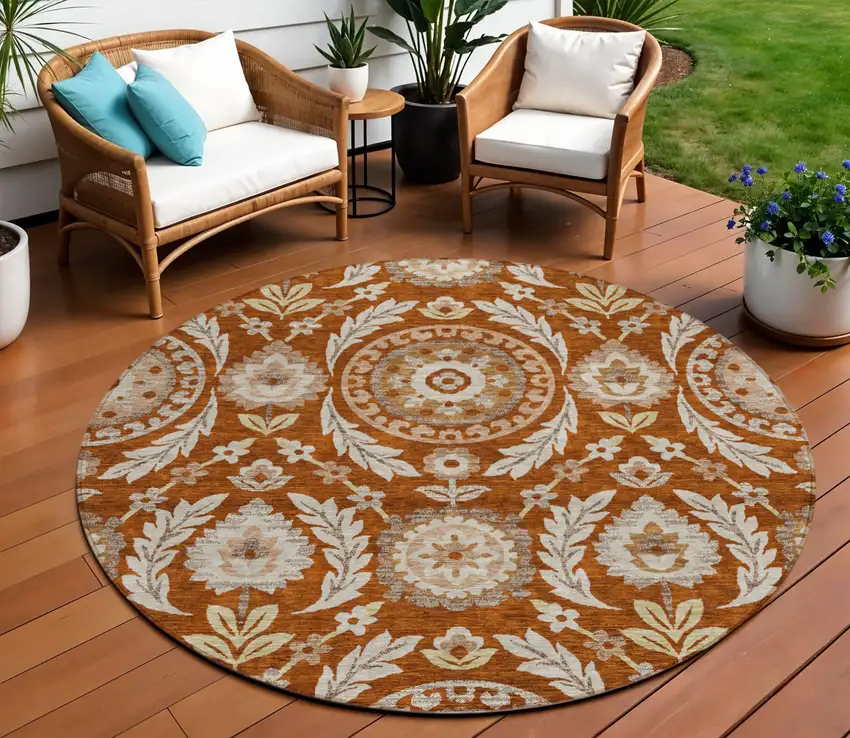 8' Orange Taupe And Gold Round Floral Washable Indoor Outdoor Area Rug Photo 1