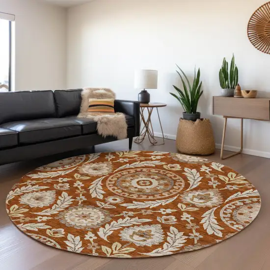 8' Orange Taupe And Gold Round Floral Washable Indoor Outdoor Area Rug Photo 7
