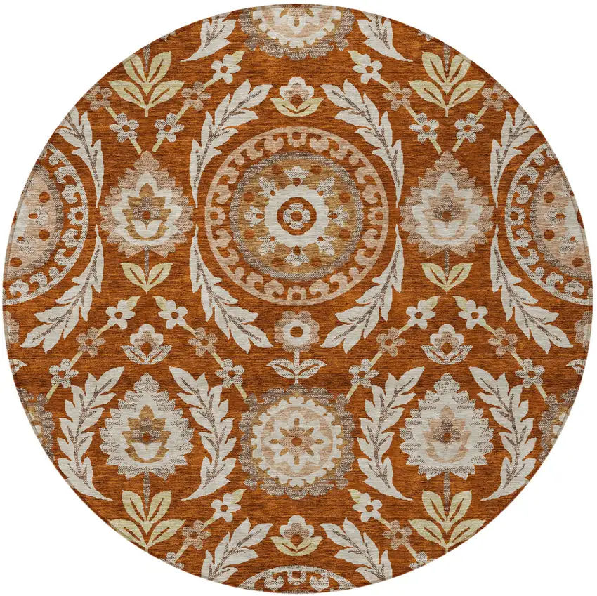 8' Orange Taupe And Gold Round Floral Washable Indoor Outdoor Area Rug Photo 5