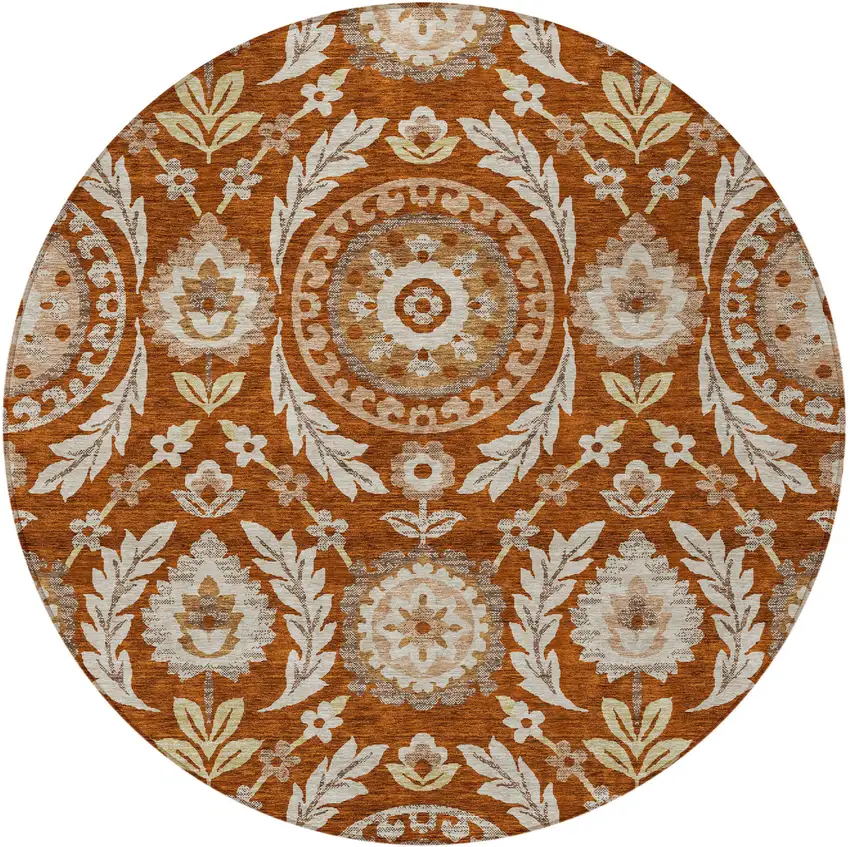8' Orange Taupe And Gold Round Floral Washable Indoor Outdoor Area Rug Photo 5