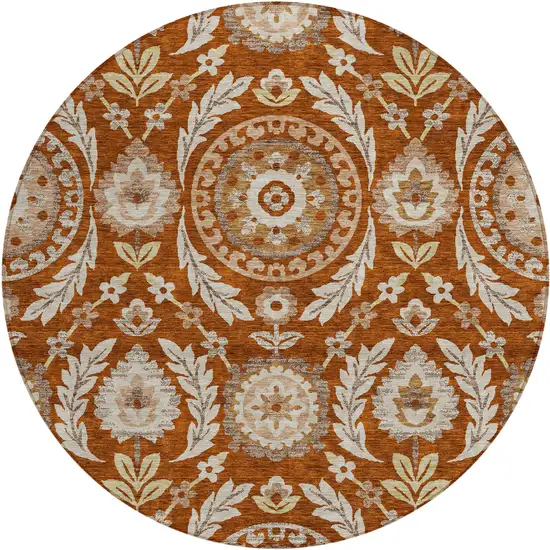 8' Orange Taupe And Gold Round Floral Washable Indoor Outdoor Area Rug Photo 1