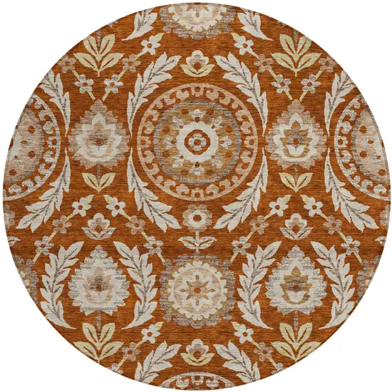 8' Orange Taupe And Gold Round Floral Washable Indoor Outdoor Area Rug Photo 1