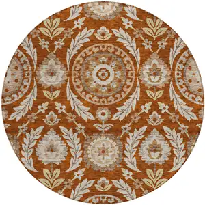 Photo of 8' Orange Taupe And Gold Round Floral Washable Indoor Outdoor Area Rug