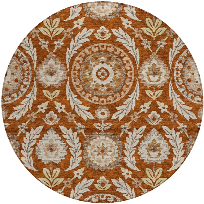 8' Orange Taupe And Gold Round Floral Washable Indoor Outdoor Area Rug Photo 1
